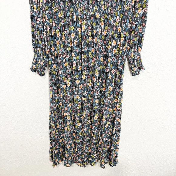 Boden Graphite Gray Opulent Leaf Print Long Sleeve Smocked V Neck Maxi Dress 12L - Picture 7 of 12